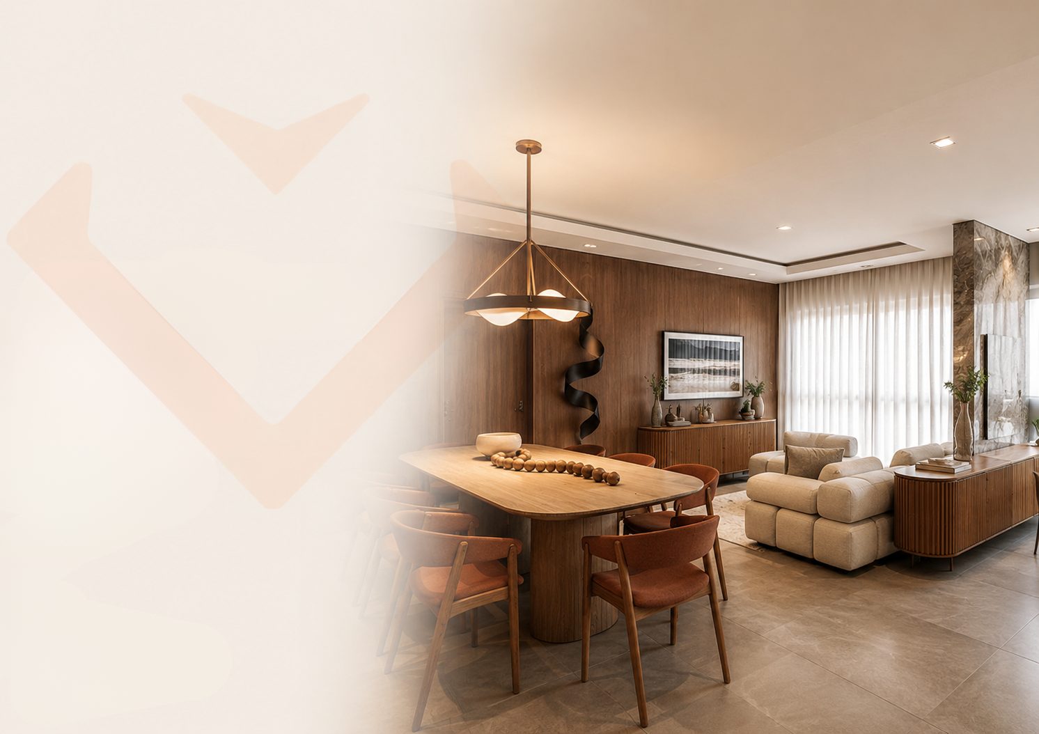Sala de jantar integrada com iluminação quente em projeto de interiores da Avalon